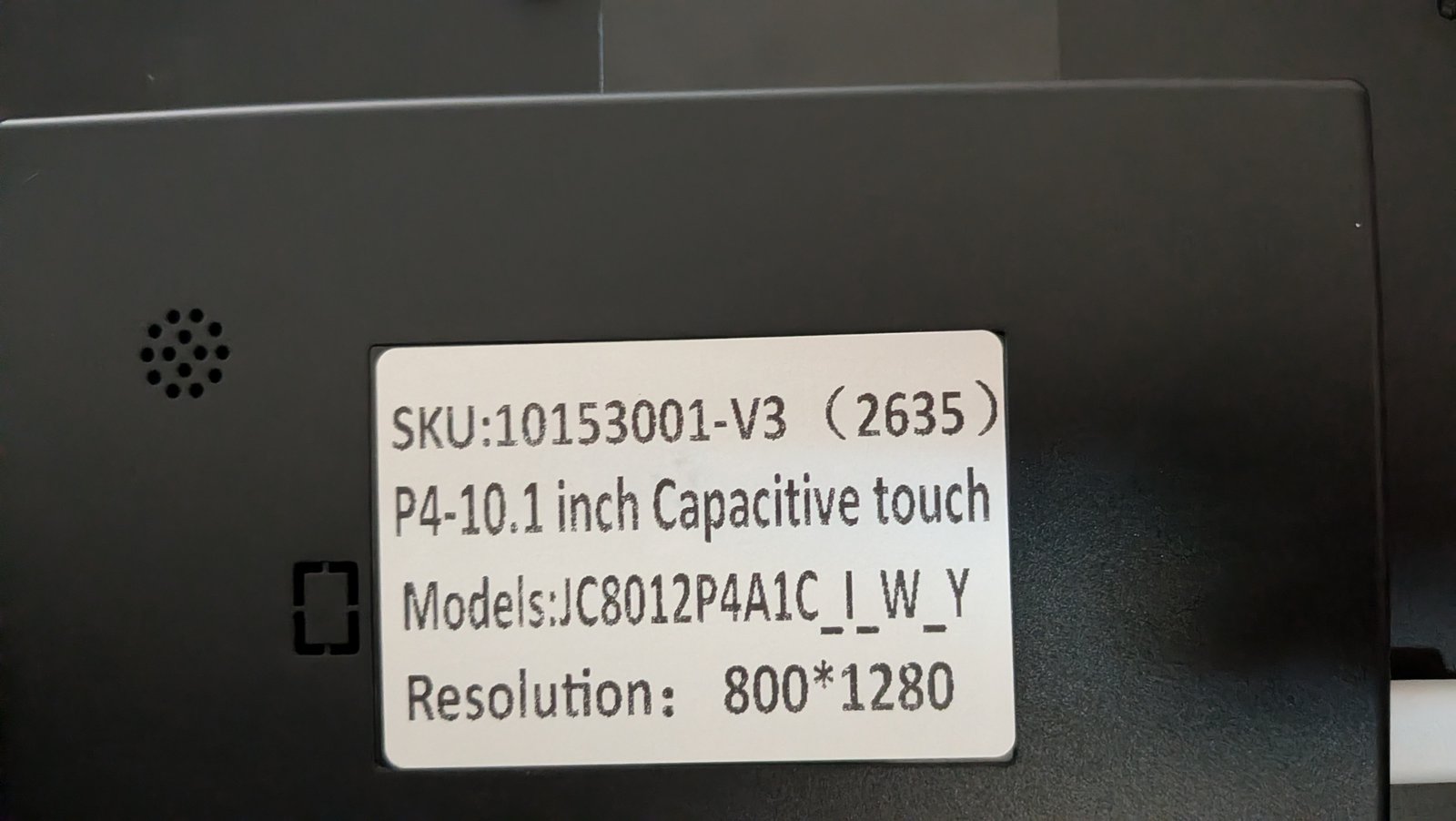 Rear label: SKU 10153001-V3 (2635), model JC8012P4A1C_I_W_Y, resolution 800*1280